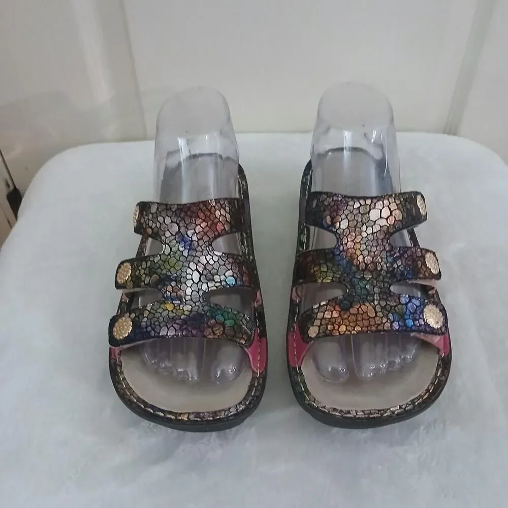 Alegria Fiona Multicolor Mosaic Leather Chunky Slide Sandals EU 37 Boho Dopamine